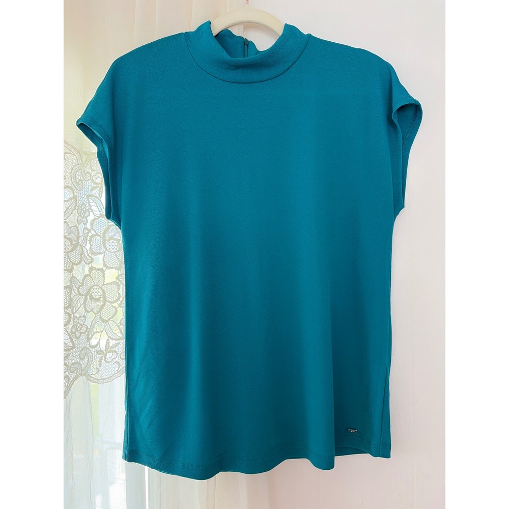Calvin Klein Mock Neck Blouse Womens Medium Teal Blue Excellent Sleeveless Zip